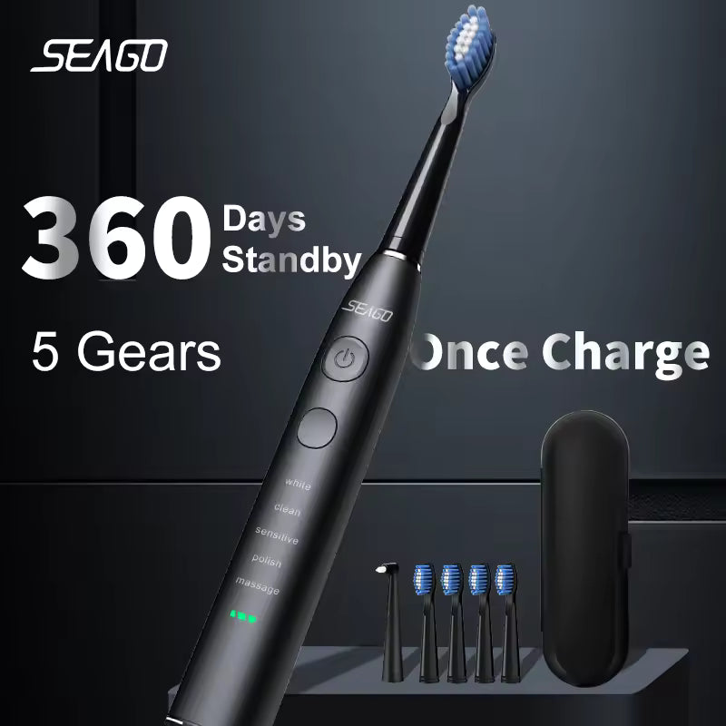 Seago SG-575 Sonic Toothbrush – 360-Day Battery, USB, 4 Heads + Case