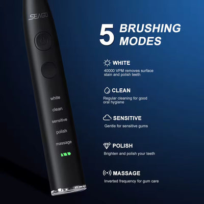 Seago SG-575 Sonic Toothbrush – 360-Day Battery, USB, 4 Heads + Case