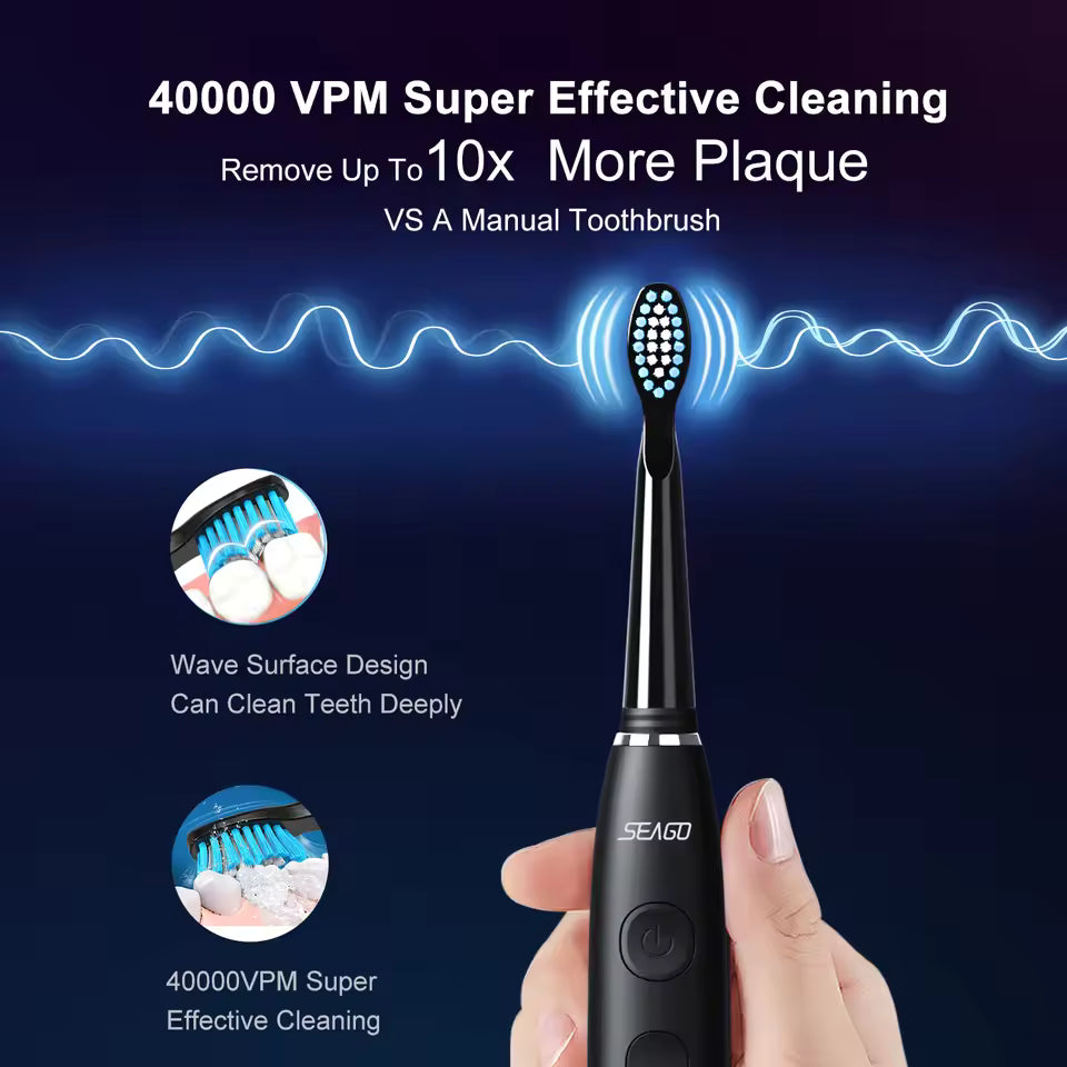 Seago SG-575 Sonic Toothbrush – 360-Day Battery, USB, 4 Heads + Case