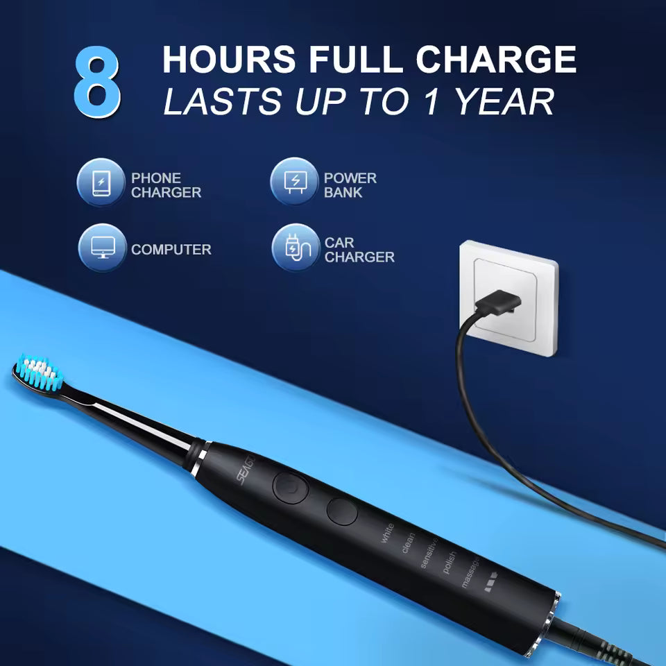 Seago SG-575 Sonic Toothbrush – 360-Day Battery, USB, 4 Heads + Case