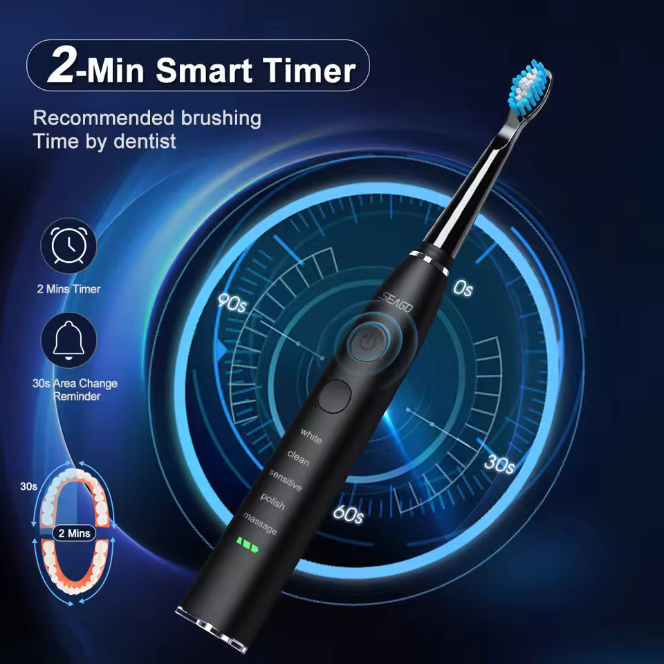 Seago SG-575 Sonic Toothbrush – 360-Day Battery, USB, 4 Heads + Case